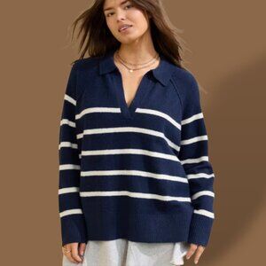 Aerie Women’s Unreal Stripe Polo Sweater Sz L NWT Blue Nautical Preppy Oversized